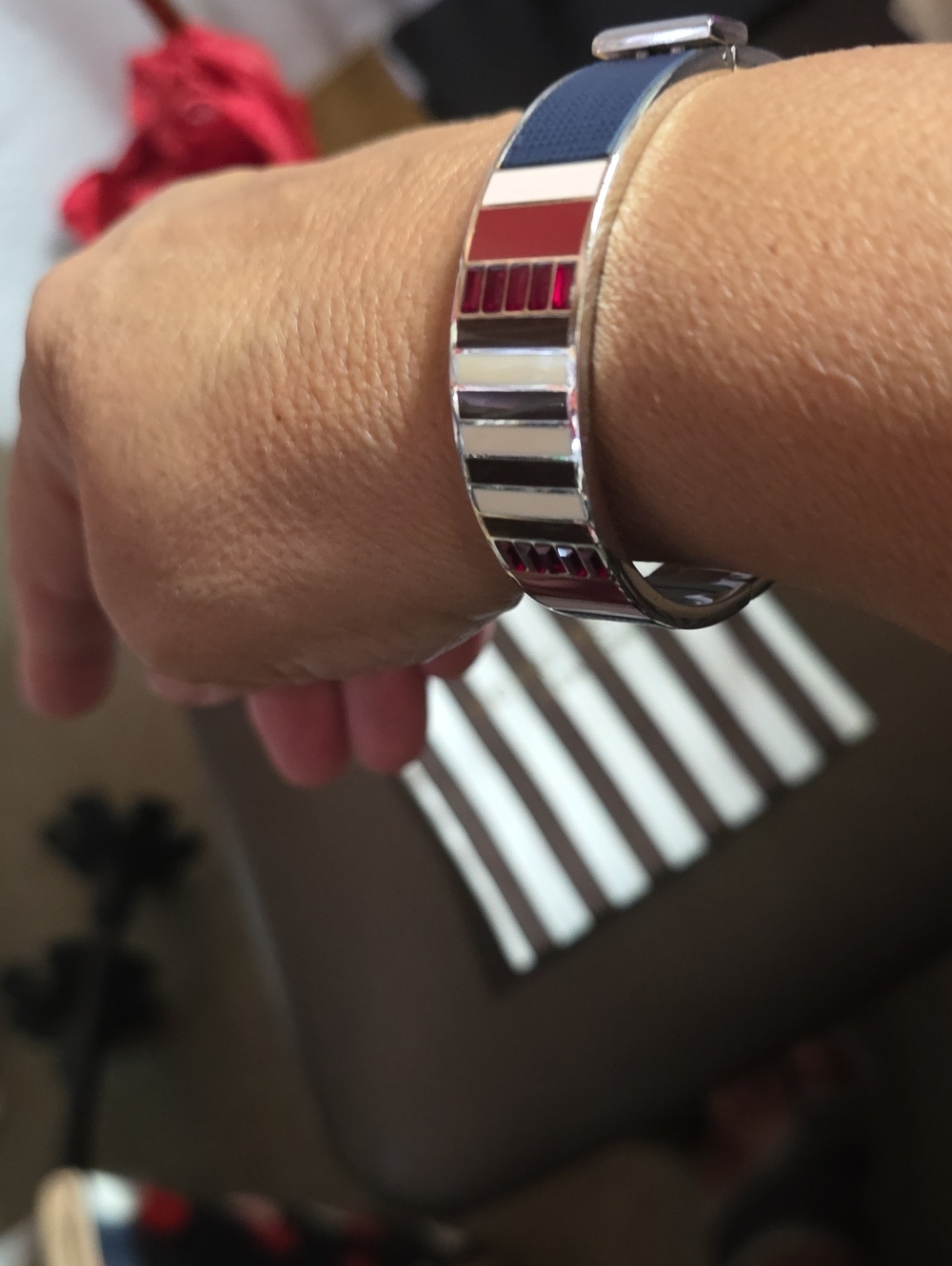 Henri Bendel Silver Hinged Bangle Bracelet colorful enamel, crystals, stripes